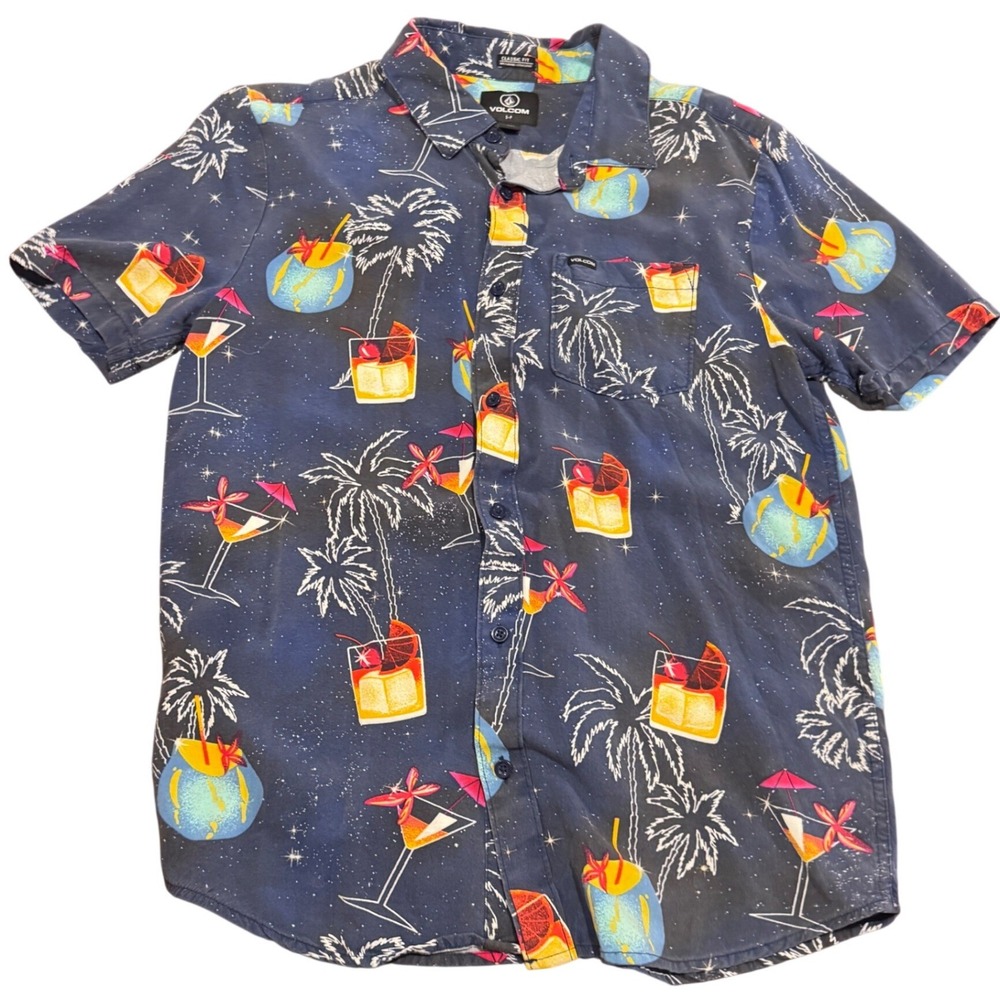 Volcom Hawaiian Button Up Shirt Small - Tropical Drinks Palm Trees Cosmic Vaca